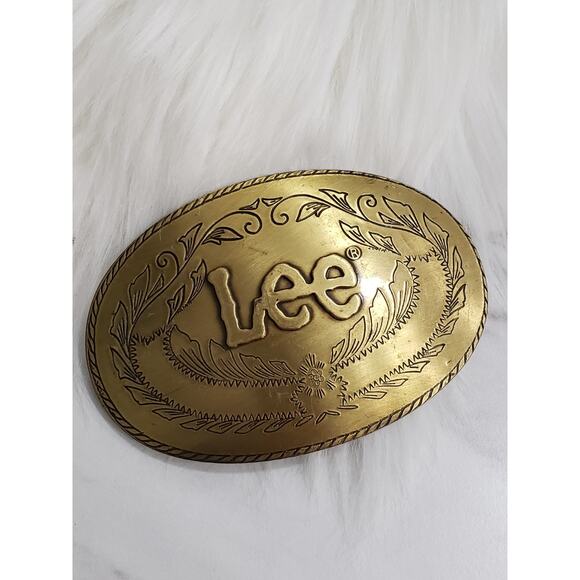 Lee Jeans Belt Buckle Solid Brass Vintage 1970s Western 80s Dad Advertising - Picture 1 of 5